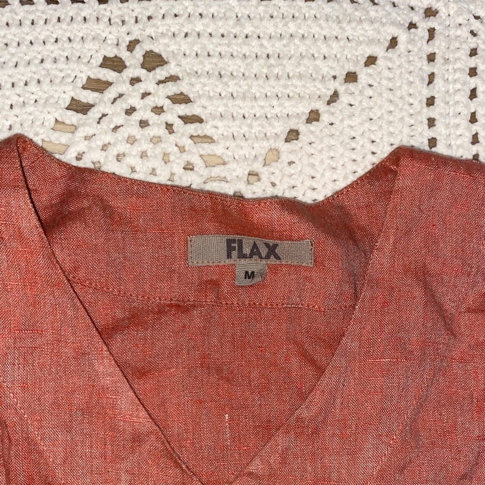 FLAX 100% Linen Orange Red Button Down Crewneck Long Sleeve Blouse Size M - Picture 3 of 9